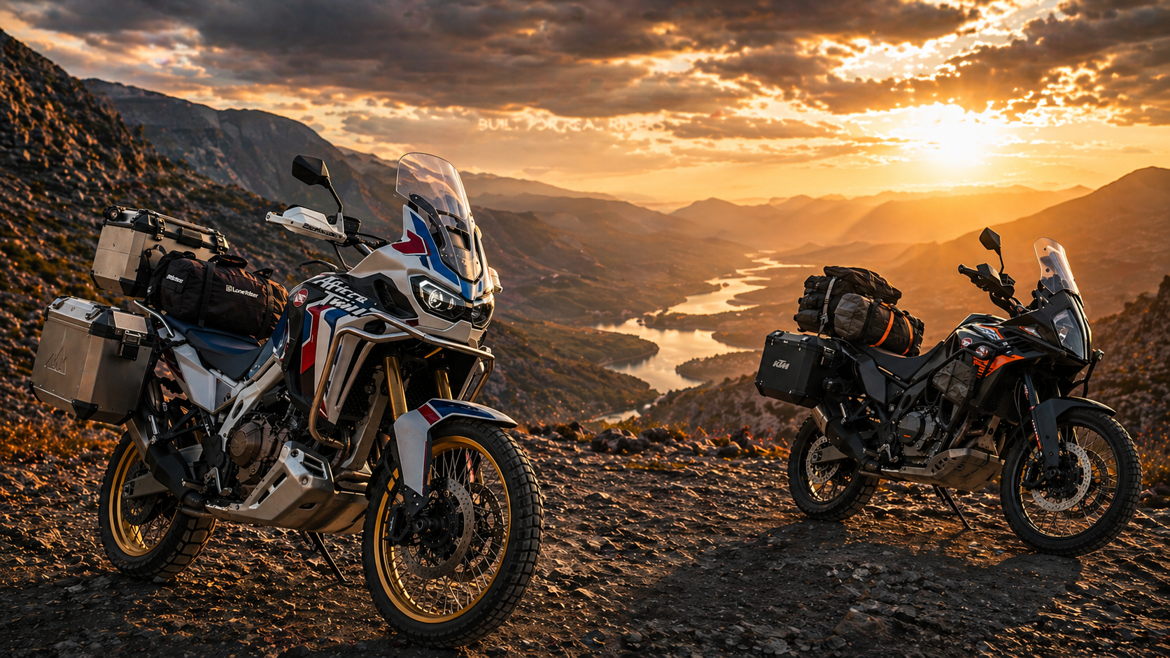 Adventure motorcycles with panniers overlooking a mountain valley at sunset